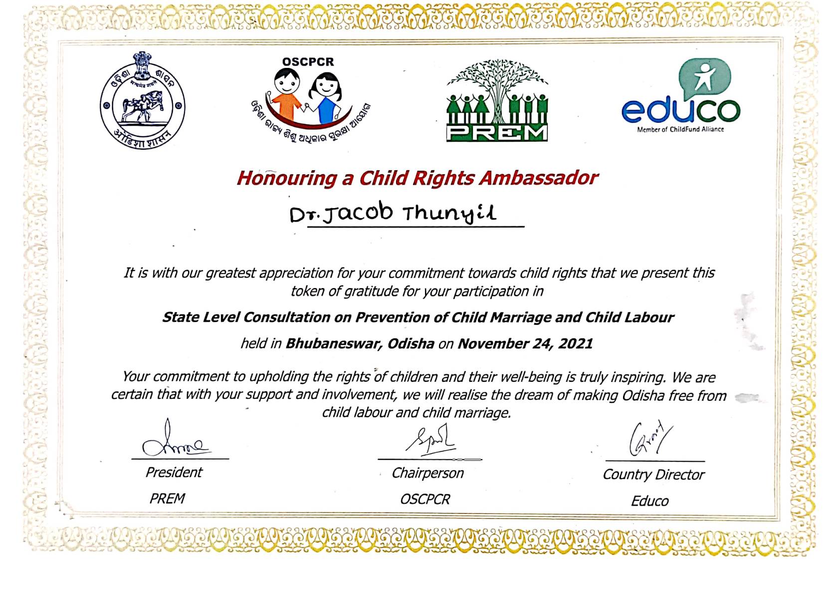 Honouring a Child Rights Ambassador